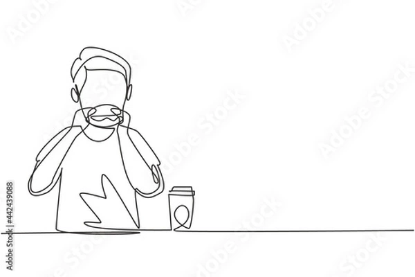 Obraz Single one line drawing young boy having hamburger meal with hands around table. Enjoy and happy lunch when hungry. Delicious fast food. Modern continuous line draw design graphic vector illustration