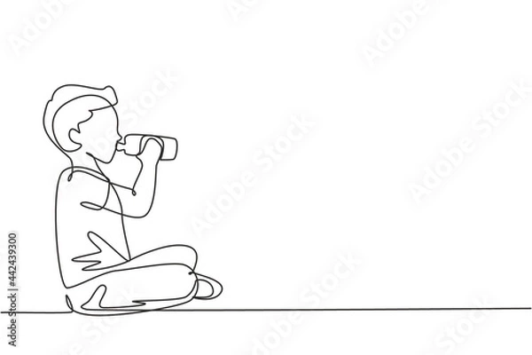 Fototapeta Single one line drawing boy sitting while enjoying a bottle of fresh milk to fulfill his body nutrition. Child health and growth concept. Modern continuous line draw design graphic vector illustration