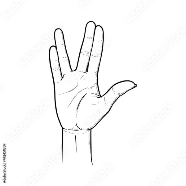 Fototapeta Vulcan greeting and salute gesture. Live long and prosper hand sign. Black vector illustration isolated in white background