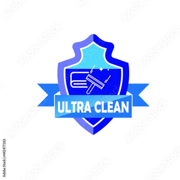 Fototapeta Cleaning company badge, emblem. Vector illustration. Concept for patch, print, stamp or sticker. Vintage typography design with cleaning equipments. Cleaning service sign for company business 