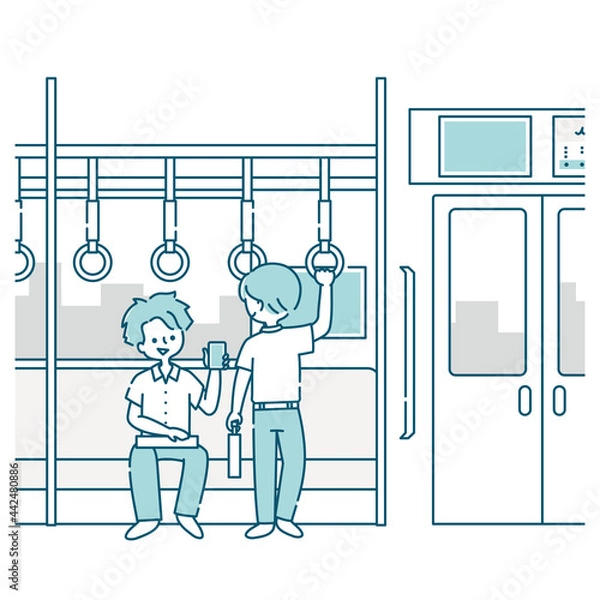 Obraz 電車内で会話する男子生徒たちの通学風景