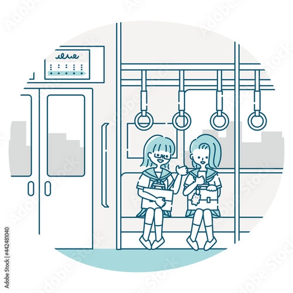 Obraz 電車の中で会話する女子生徒たちの通学風景