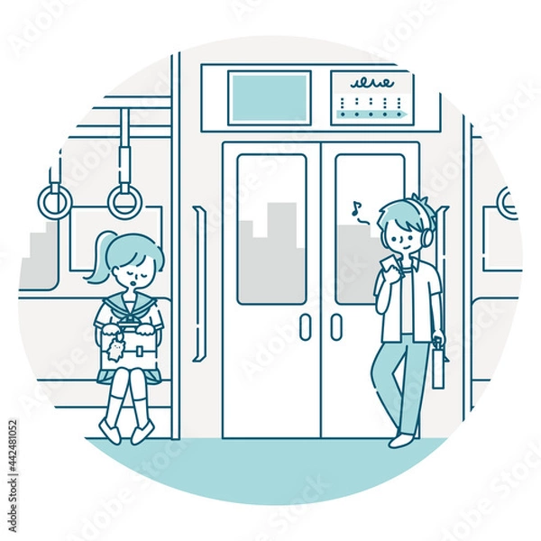 Obraz 電車で寝ている女子生徒と音楽を聴く男子生徒の通学風景