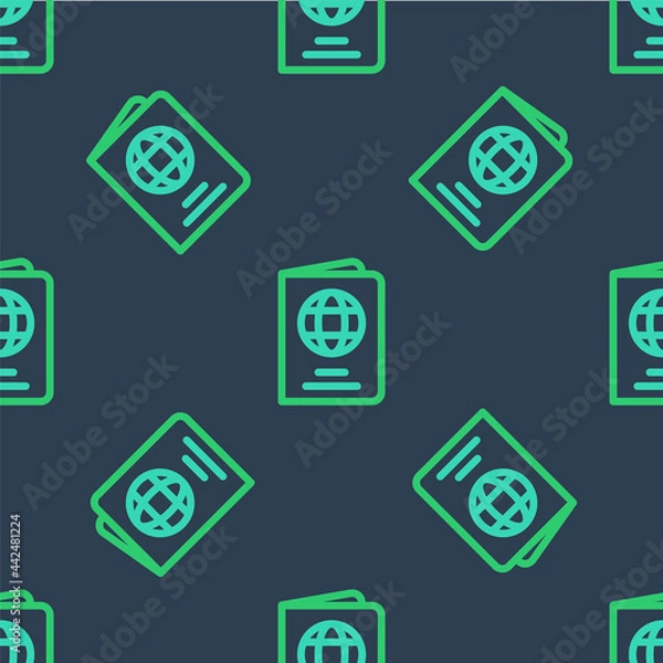 Fototapeta Line Passport with biometric data icon isolated seamless pattern on blue background. Identification Document. Vector