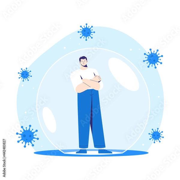 Fototapeta Man stands inside a protective bubble. Adult character is vaccinated and protected from coronavirus COVID-2019. Vector isolated illustration on white background