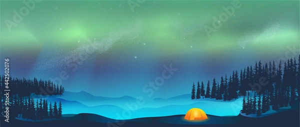 Fototapeta Camping in tent under Aurora Borealis Northern Lights in Snow