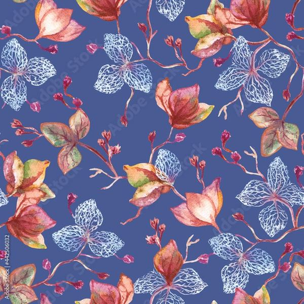 Obraz Whithered autumn plants watercolor seamless pattern. Botanical composition with autumn atmosphere. Flowers of delicate red color on a blue background