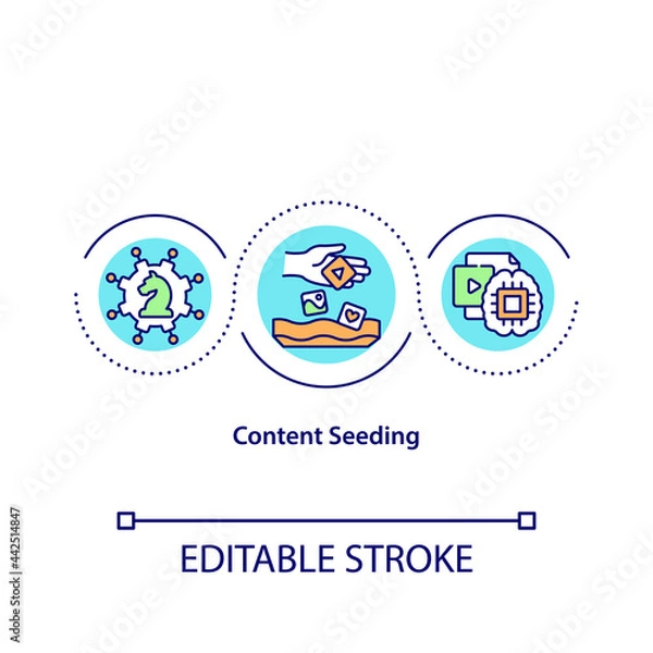 Fototapeta Content seeding concept icon. Spreading information among internet. Advertisement strategy. Marketing abstract idea thin line illustration. Vector isolated outline color drawing. Editable stroke