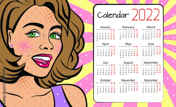 Fototapeta A calendar for 2022 in the style of pop art with a sexy woman with squinted eyes and open mouth. Vector background in comic style retro pop art.