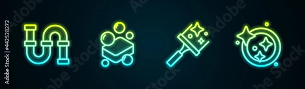 Fototapeta Set line Industry metallic pipe, Bar of soap, Rubber cleaner for windows and Washing dishes. Glowing neon icon. Vector