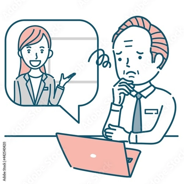 Fototapeta 女性講師からオンラインで説明を受けて困るシニア男性のイラスト素材