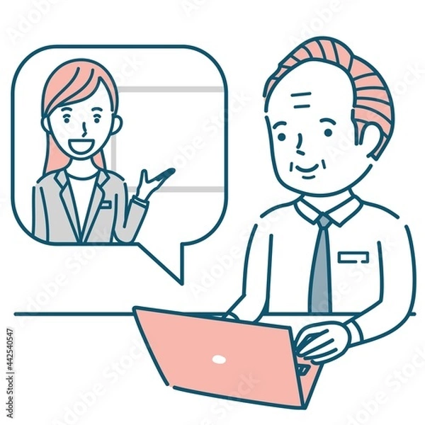 Fototapeta 女性講師からオンラインで説明を受けるシニア男性のイラスト素材