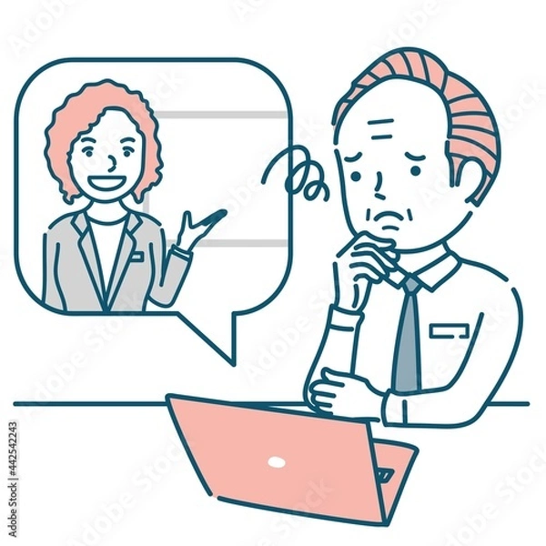 Fototapeta 外国人女性講師からオンラインで説明を受けて困るシニア男性のイラスト素材