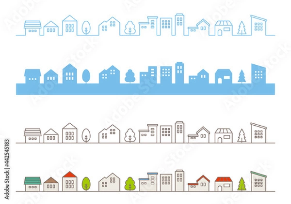 Fototapeta 町並み　線画　フラット　イメージ　イラストセット