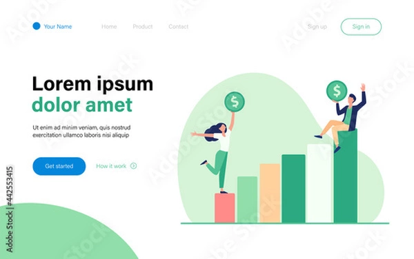 Fototapeta Businesspeople holding coin and increasing profit. Growth, money, success flat vector illustration. Finance and business concept for banner, website design or landing web page