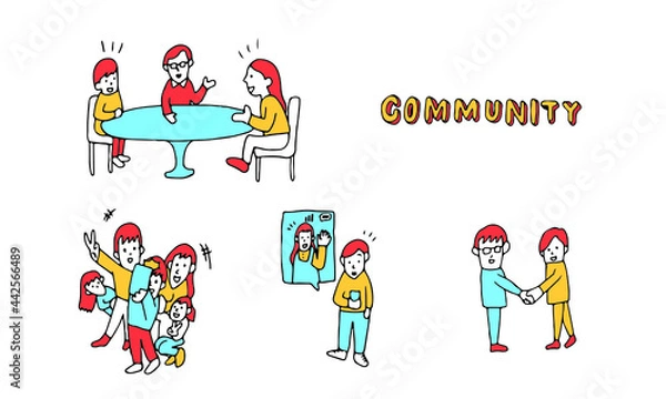 Fototapeta 議論する人、写真を撮る人、スマートフォンで会話する人、握手する人