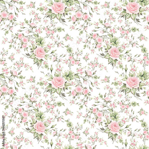 Fototapeta Floral seamless pattern luxury roses drawn on paper with paints
