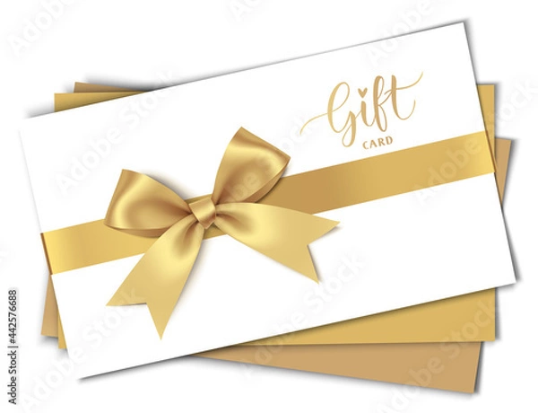 Obraz Decorative white gift card design template with gold bow and ribbon. Vector illustration	