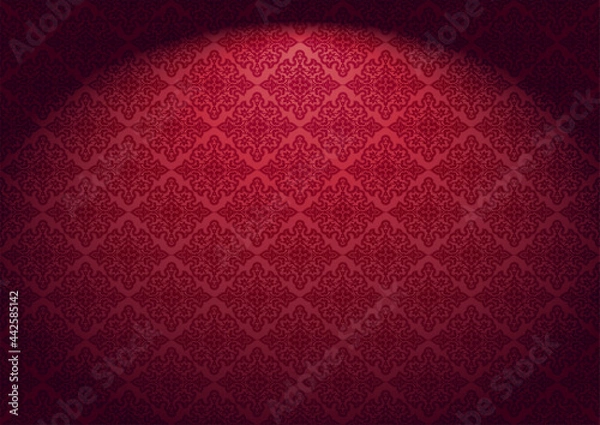 Fototapeta Oriental vintage background with Indo-Persian ornaments. Royal, luxurious red wallpaper with stage lighting. Vector illustration