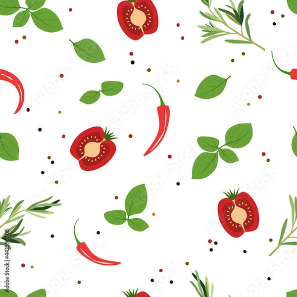 Fototapeta Seamless pattern from tomatoes, chili peppers and greens. Design for textiles. Vector