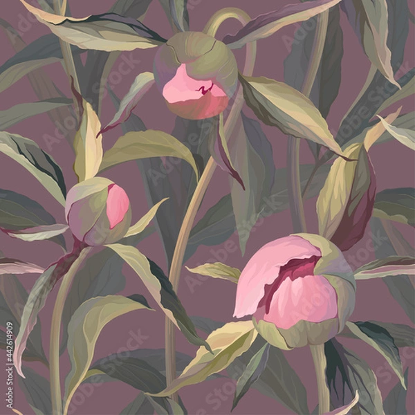 Fototapeta Seamless pattern with buds of peonies on a lilac background.