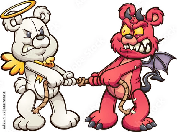 Fototapeta Angel and devil teddy bears in a tug of war. Vector clip art illustration with simple gradients. All on a single layer.
