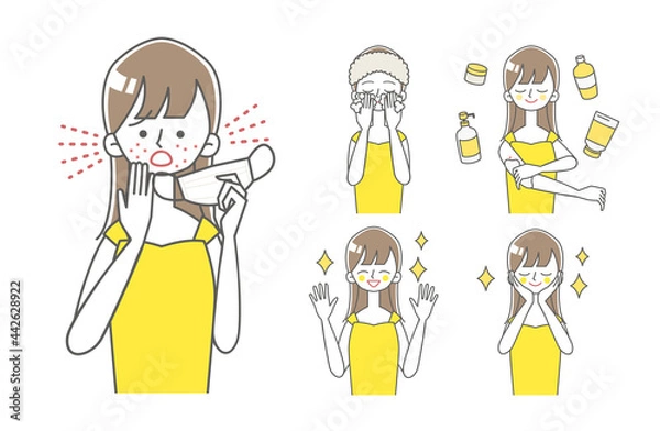 Fototapeta マスクによる肌荒れに困る女性のBEFORE/AFTERイラスト