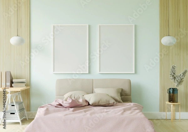 Fototapeta Bedroom with bed and picture frame mounted on the wall. 3d style.
