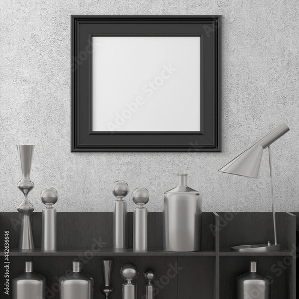 Fototapeta The living room is decorated with different bottles, placed on a shelf with a picture frame on the wall.