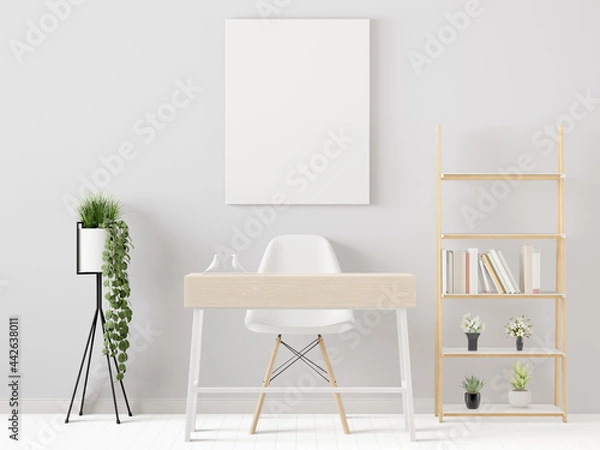 Fototapeta Living room with table and chairs with picture frames on the wall