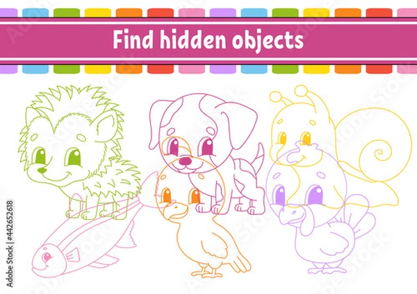 Fototapeta Find hidden object. Education developing worksheet. Activity page with pictures. Color contour. Logical thinking training. Isolated vector illustration. Funny character. Cartoon style.