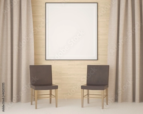 Fototapeta 3D living room and chair with blank photo frame