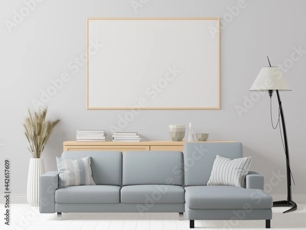Fototapeta 3D living room and sofa with blank photo frame