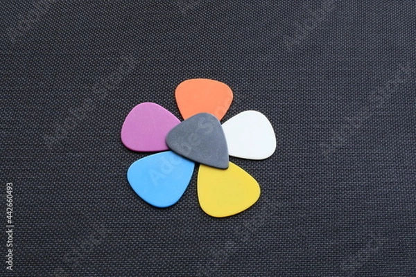 Obraz ギター用のピックを花びらの形に並べデザインしたピックアート
