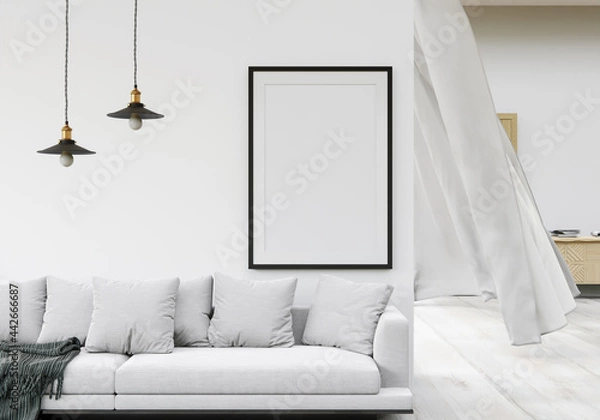 Fototapeta The living room is decorated with sofa and picture frames, 3D style