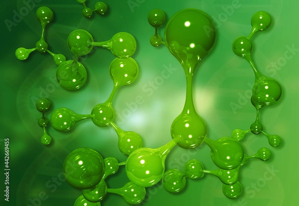 Fototapeta Green molecule abstract background. 3d illustration.