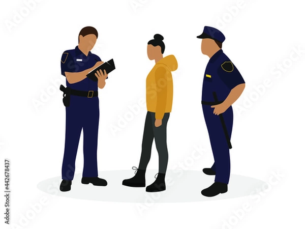 Obraz Two police officers in uniform and female character together on a white background