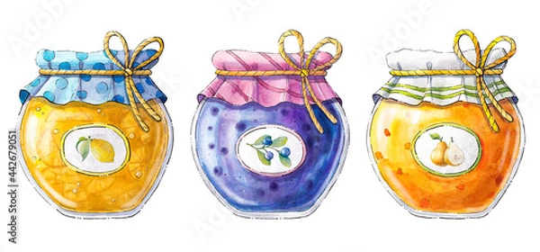Fototapeta Set of Glass jar with lemon, pear, blueberry jam