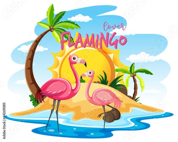 Fototapeta Two flamingos on the island isolated