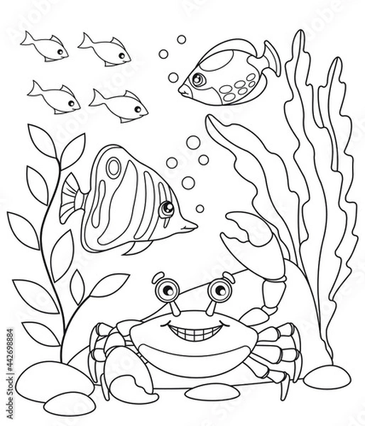 Obraz Cartoon the marine fishs and crab. Coloring page. Illustration for children. Cute and funny cartoon characters.