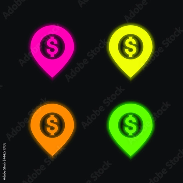 Fototapeta Bank Location four color glowing neon vector icon