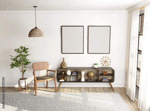 Fototapeta Living room with 2 empty frames mockup