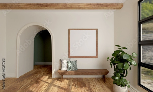 Fototapeta Wood beam room with empty frame and bench