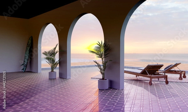 Fototapeta 3d render of a patio along the ocean at sunset