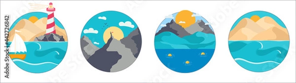 Fototapeta Set of a round simple landscape of a desert hills, lighthouse, boat into the ocean, mountain, hills, background template. Vector illustration in a flat style. Vector illustration