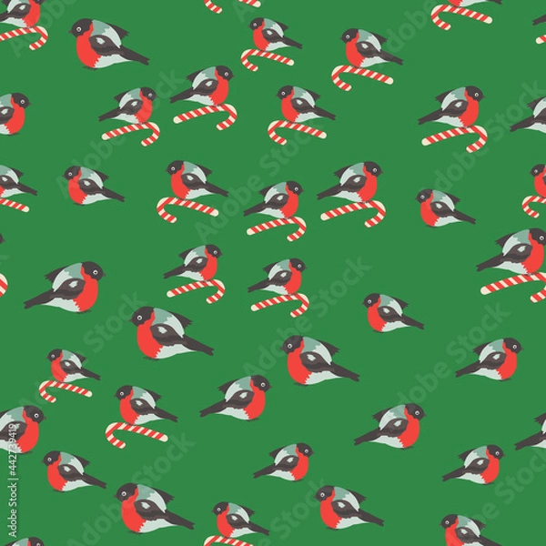 Fototapeta Seamless pattern for Christmas with cane lollipop and bullfinch bird. Winter holiday