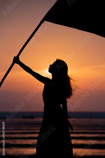 Obraz 旗を持った女性のシルエット