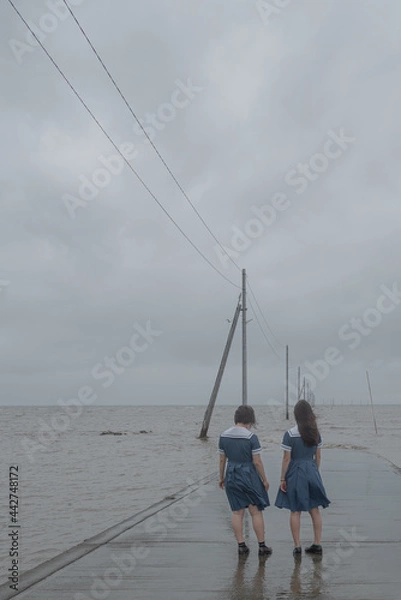 Obraz 海辺に立つ女子高生の後ろ姿