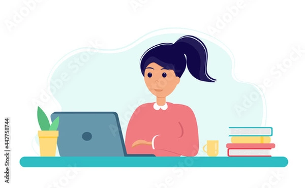 Obraz Online education during coronavirus outbreak concept. Girl studying with laptop and books. Stay at home. Self-isolation. Illustration in flat style
