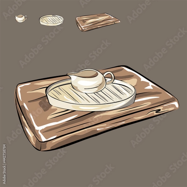 Fototapeta Ceramic kitchen utensils. Wooden cutting board. Nude tones. Cooking food. Sauce-bowl, jug and tray, plate. Isolated vector objects. Isolated vector objects.